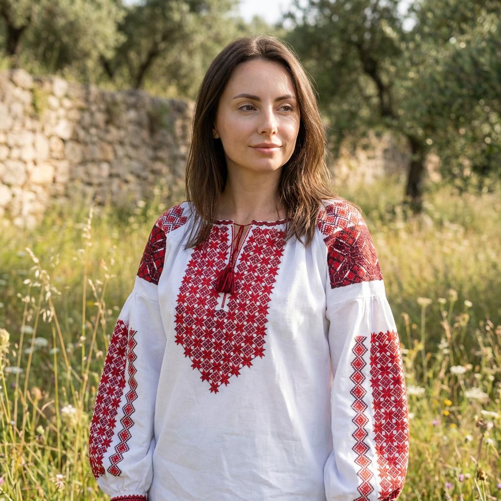 Traditional Vyshyvanka, Red Cross Stitch Top, White Boho Tunic, Custom Size Shirt, Artisan Made, Handcrafted Gift for Her, Wife, Mom