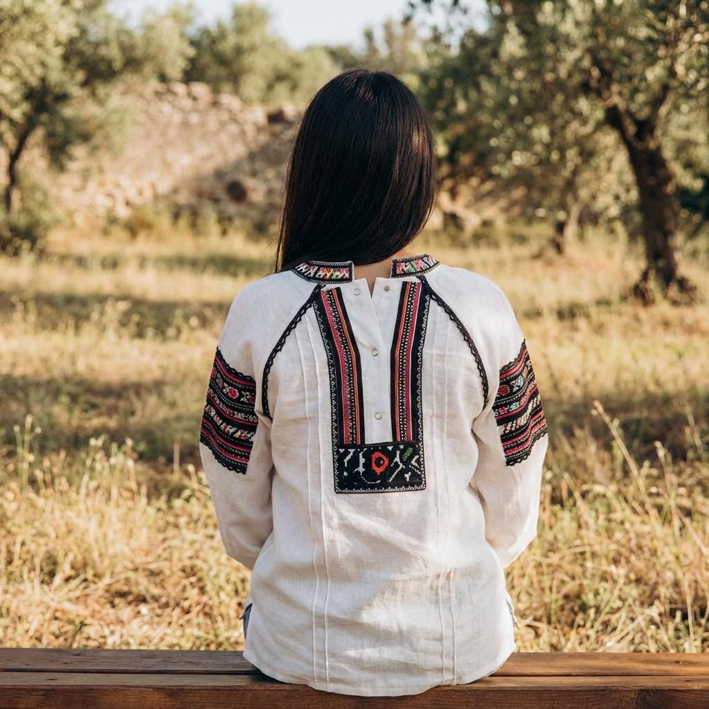 Borshchiv Style Blouse, Linen Cotton Vyshyvanka, Black Embroidery, Button Back Shirt, Ukrainian Folk Top, Custom Size, Matching Couple