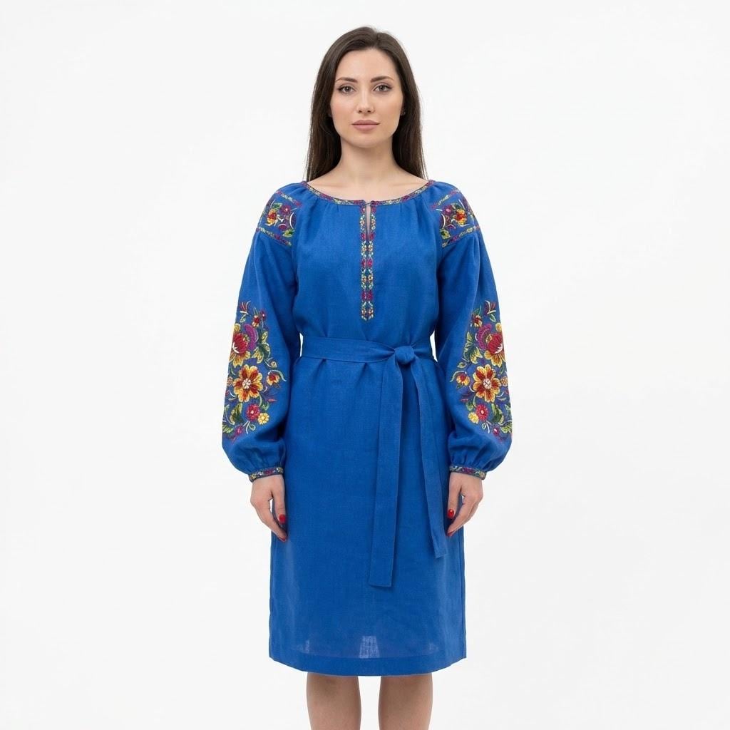 Blue Linen Midi Dress, Belted Boho Gown, Petrykivka Floral Embroidery, Custom Size Ukrainian Clothing, Summer Garden Party, Artisan Made