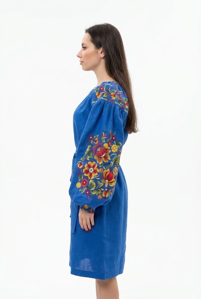 Blue Linen Midi Dress, Belted Boho Gown, Petrykivka Floral Embroidery, Custom Size Ukrainian Clothing, Summer Garden Party, Artisan Made