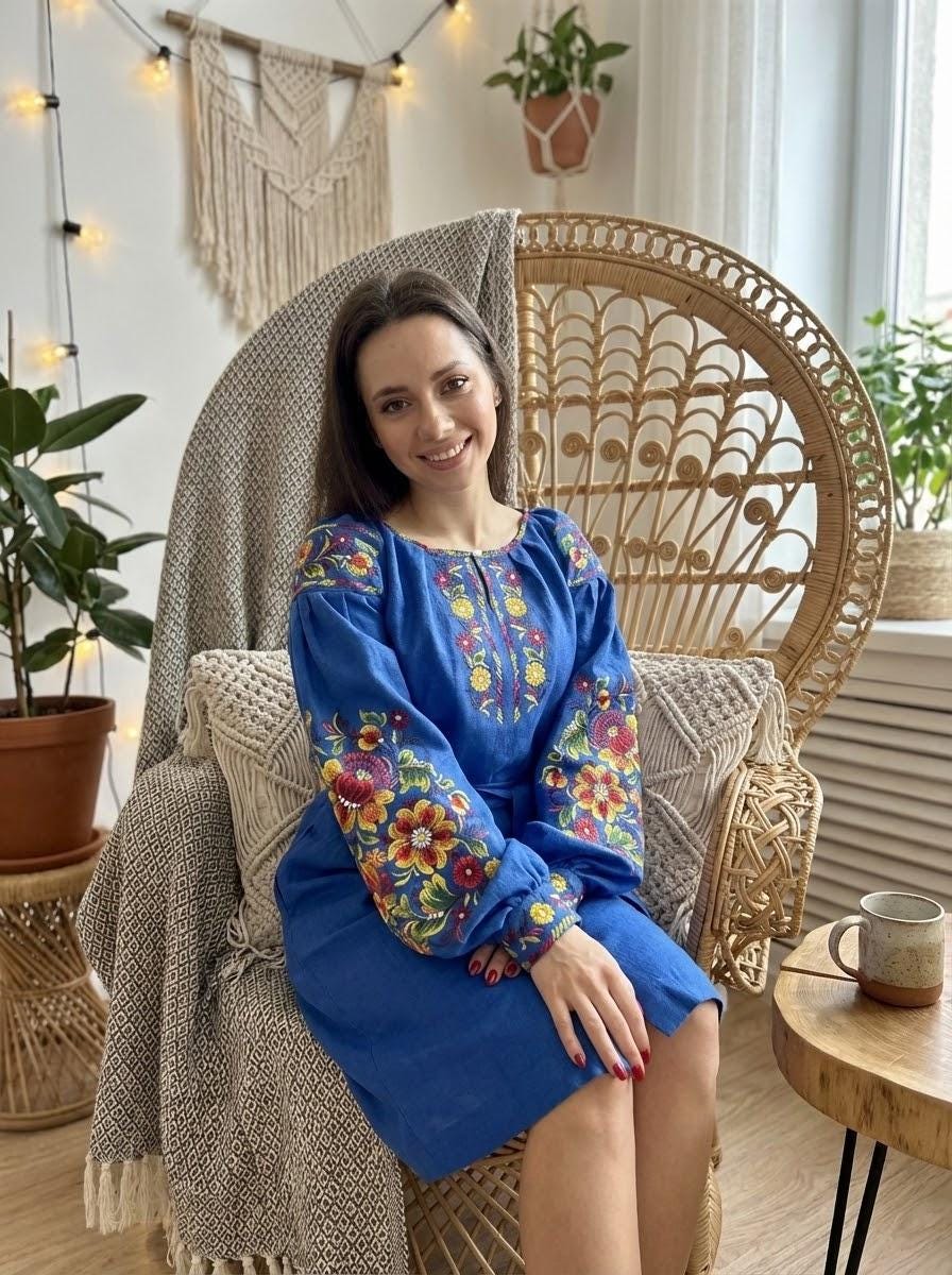Blue Linen Midi Dress, Belted Boho Gown, Petrykivka Floral Embroidery, Custom Size Ukrainian Clothing, Summer Garden Party, Artisan Made