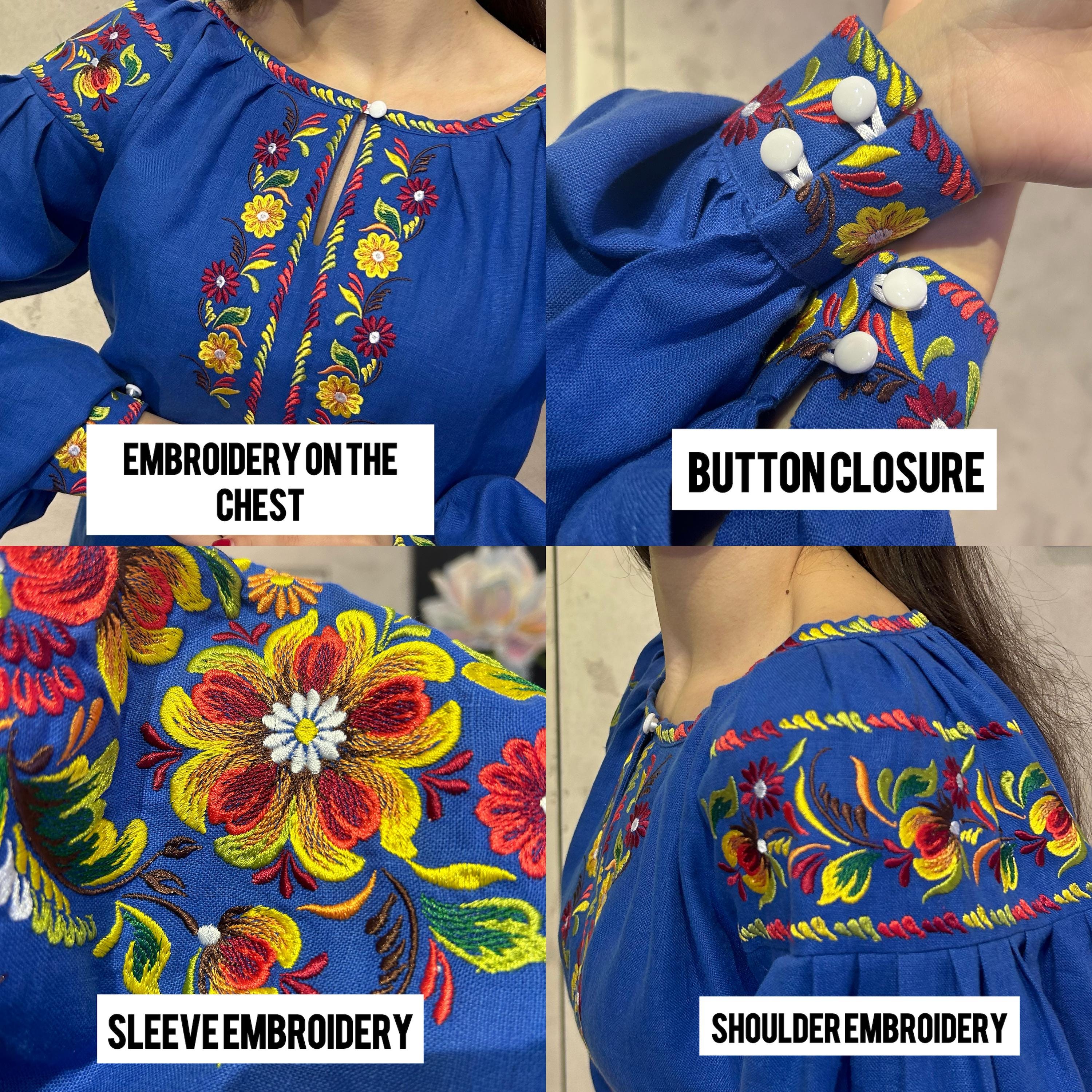 Electric Blue Linen Blouse, Petrykivka Floral Boho Top, Ukrainian Embroidered Shirt, Folk Peasant Tunic, Artisan Made Gift, Custom Fit