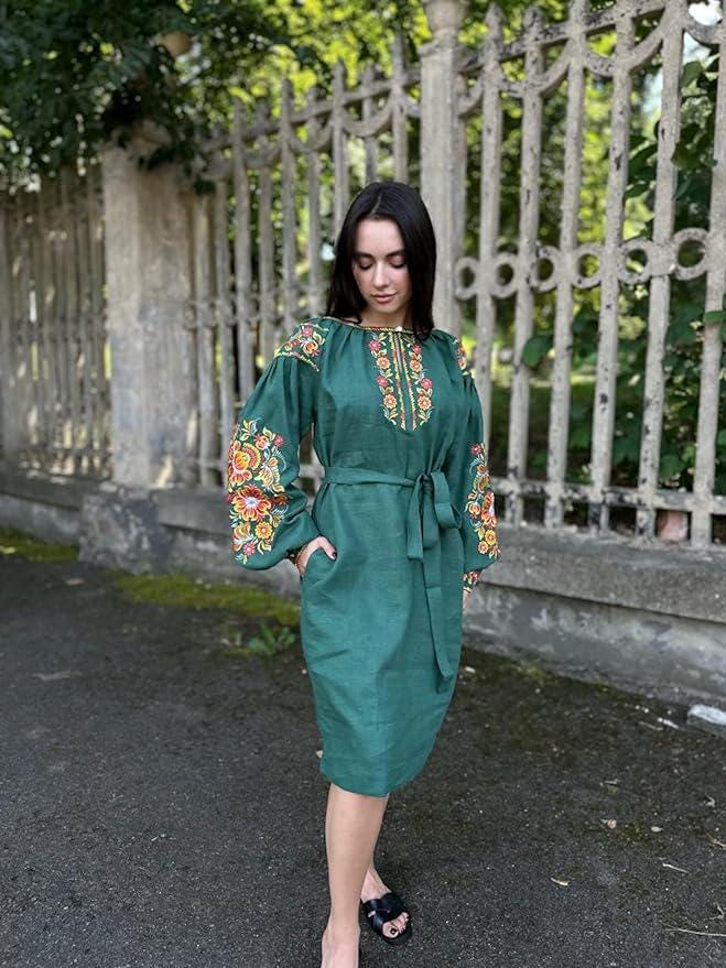 Emerald Green Linen Dress, Marigold Embroidery, Boho Midi Gown, Belted Shift Dress, Custom Size Ukrainian Clothing, Forest Wedding Guest