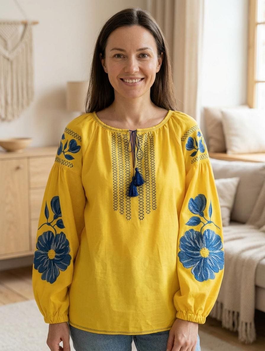 Yellow Ukrainian Vyshyvanka Blouse | Blue Floral Embroidered Linen Top for Women | Boho Folk Peasant Shirt | Support Ukraine Gift