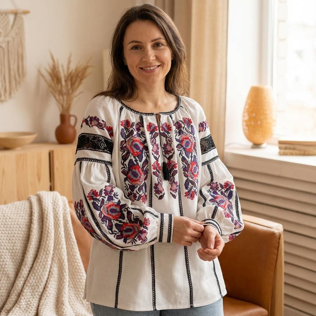 White Linen Vyshyvanka | Floral Embroidered Blouse with Black Lace | Ukrainian Family Look Shirt | Boho Folk Top for Women | Rose Embroidery