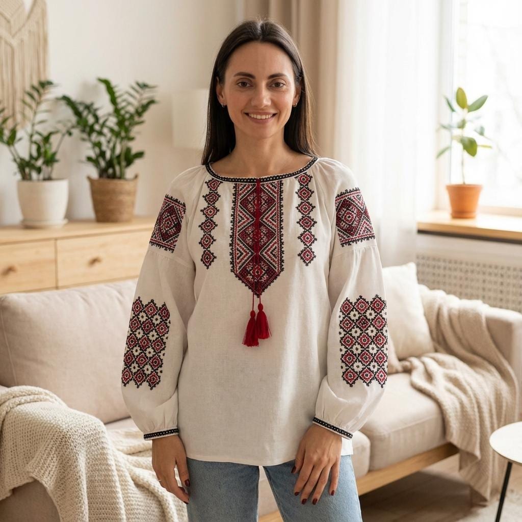 Hand Embroidered Ukrainian Vyshyvanka | Handmade Blouse | Red & Black Geometric Cross Stitch Top | Boho Folk Peasant Shirt