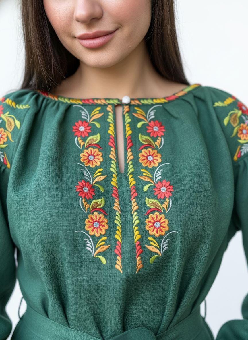 Emerald Green 100% Linen Blouse | Petrykivka Floral Embroidery | Ukrainian Vyshyvanka | Boho Folk Peasant Top | Eco Gift & Family Look