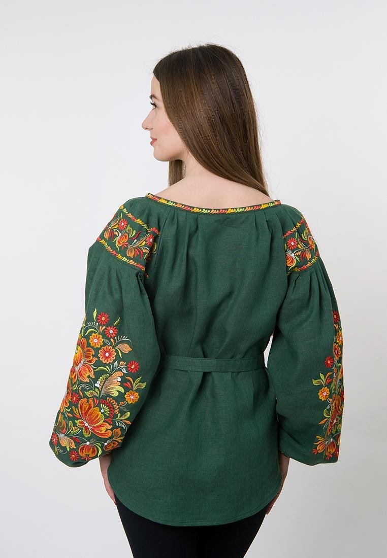 Emerald Green 100% Linen Blouse | Petrykivka Floral Embroidery | Ukrainian Vyshyvanka | Boho Folk Peasant Top | Eco Gift & Family Look