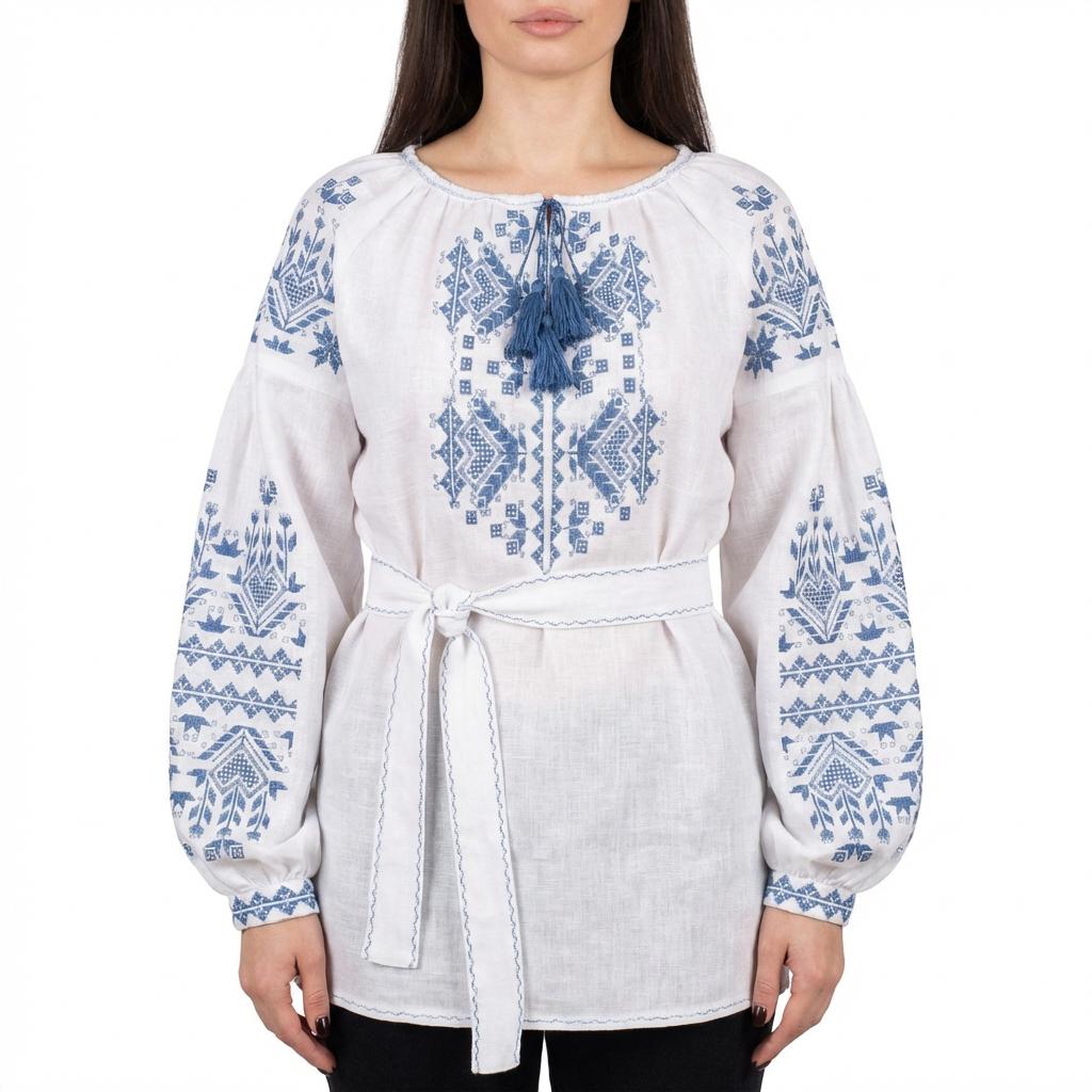 Blue Embroidered Top, 100% Linen Boho Shirt, Belted Tunic, Folk Peasant Blouse, Custom Fit, Matching Couple Set