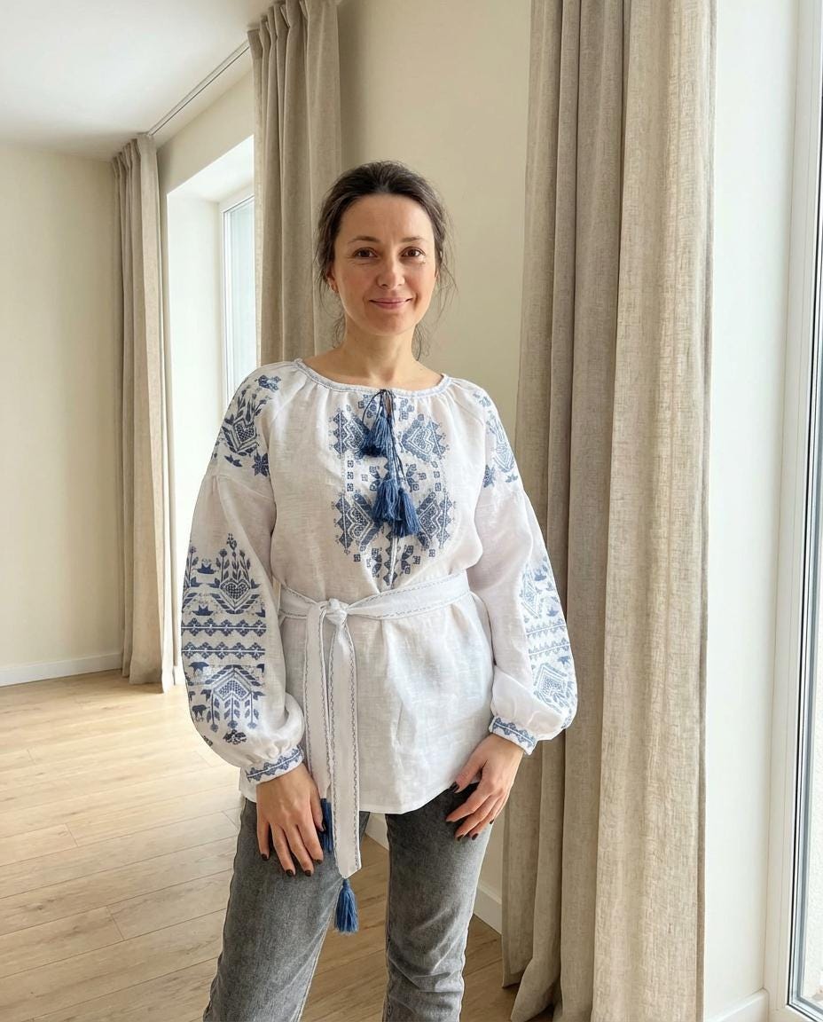 Blue Embroidered Top, 100% Linen Boho Shirt, Belted Tunic, Folk Peasant Blouse, Custom Fit, Matching Couple Set