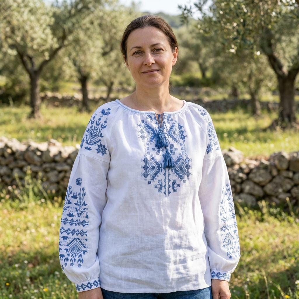 Blue Embroidered Top, 100% Linen Boho Shirt, Belted Tunic, Folk Peasant Blouse, Custom Fit, Matching Couple Set