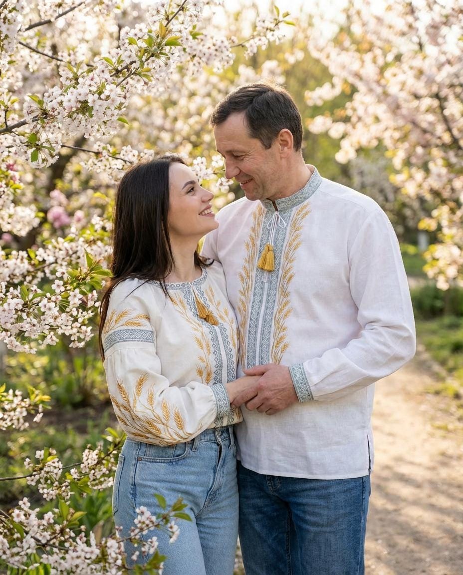 Ukrainian Vyshyvanka Blouse – Ivory Linen Embroidered Shirt with Golden Wheat and Green Trim, Folk Boho Ethno Clothing