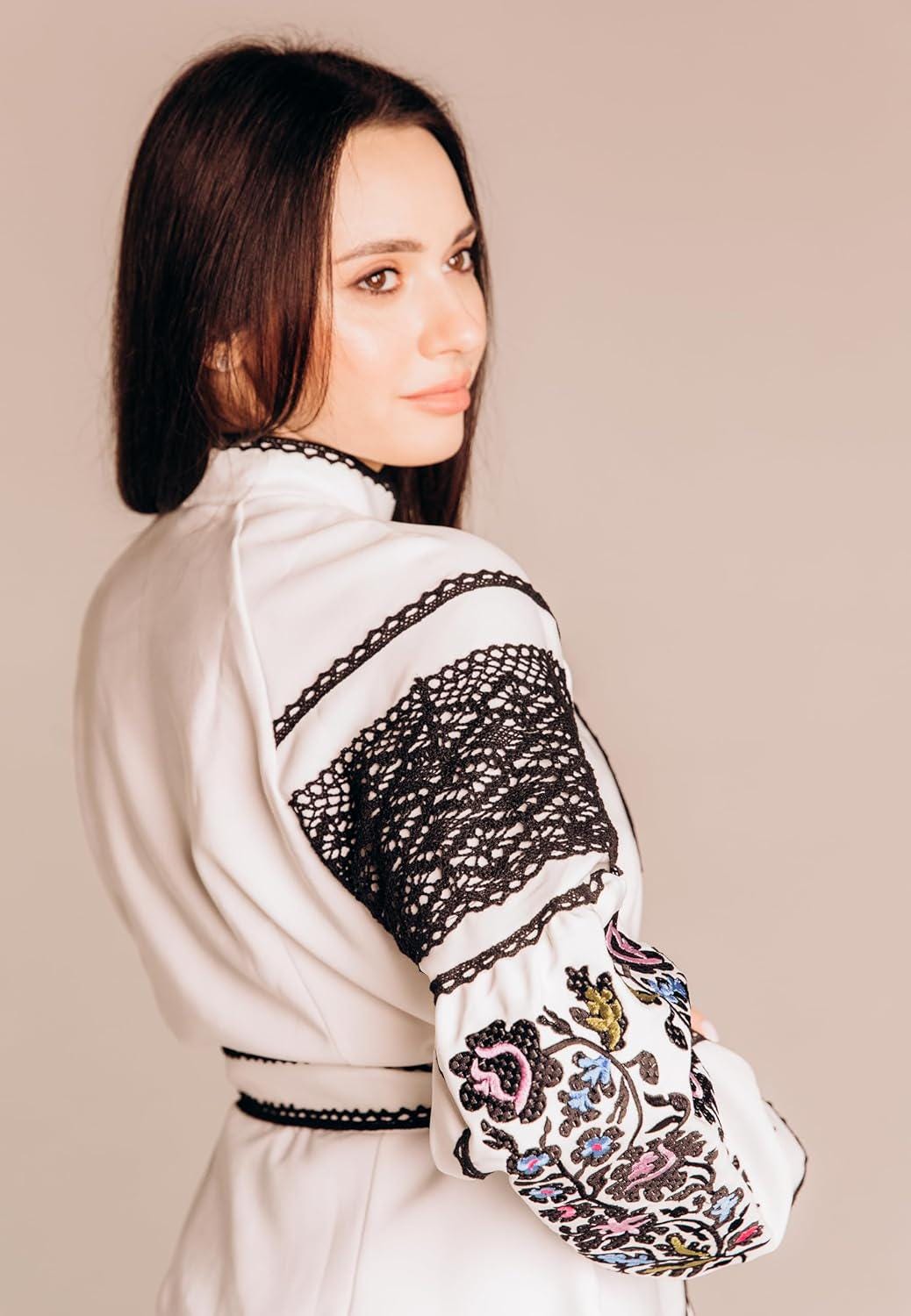 White Crepe Blouse, Lace Trim Floral Shirt, Wrinkle Free Boho Top, Ukrainian Vyshyvanka, Custom Size, Modern Folk Clothing