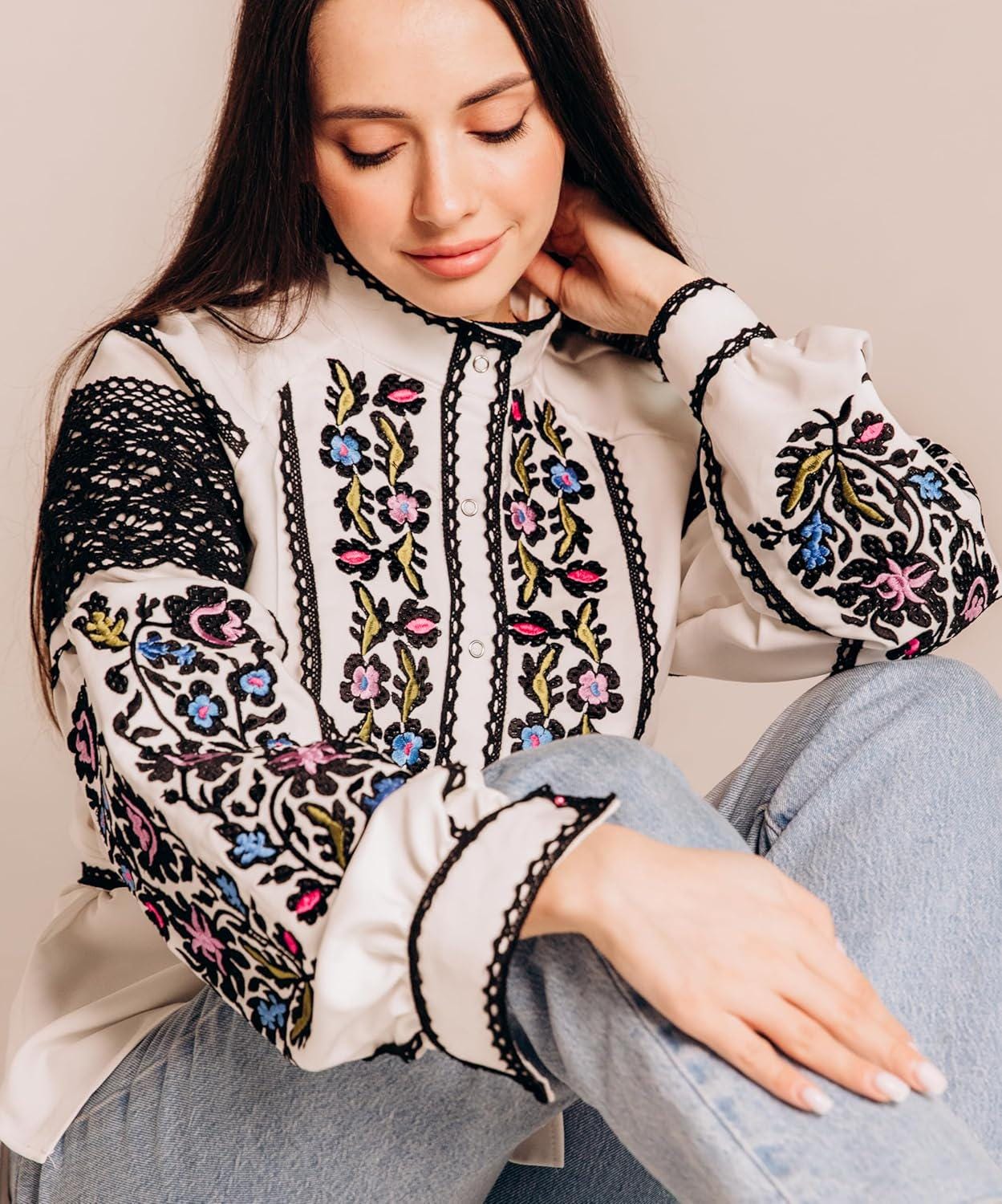 White Crepe Blouse, Lace Trim Floral Shirt, Wrinkle Free Boho Top, Ukrainian Vyshyvanka, Custom Size, Modern Folk Clothing