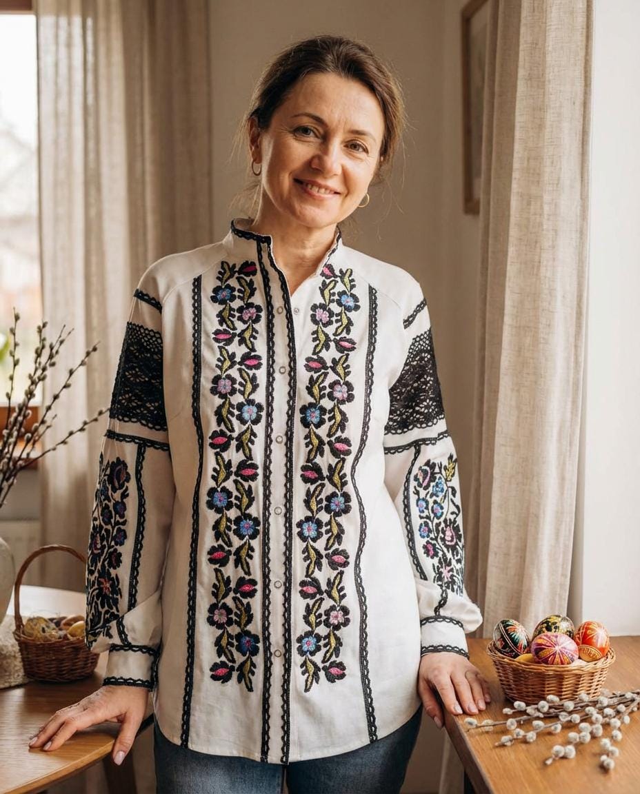 White Crepe Blouse, Lace Trim Floral Shirt, Wrinkle Free Boho Top, Ukrainian Vyshyvanka, Custom Size, Modern Folk Clothing