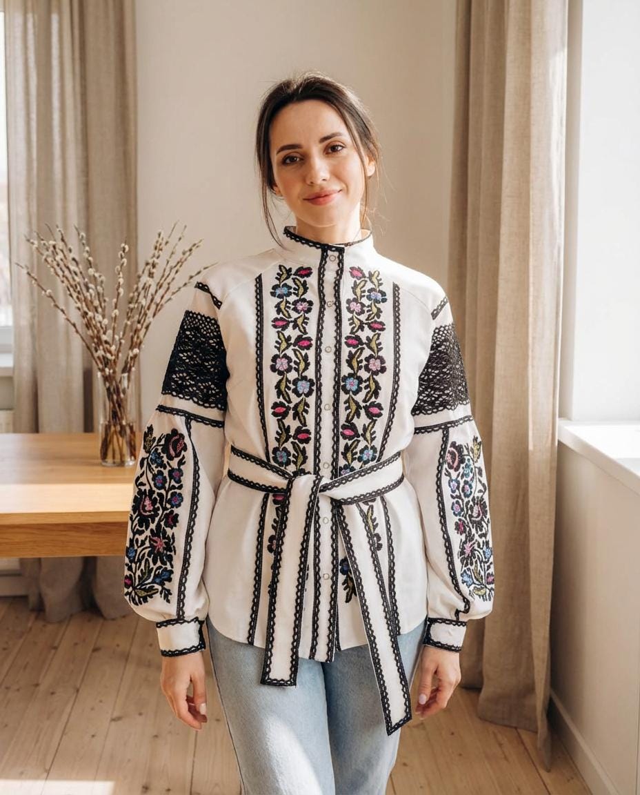 White Crepe Blouse, Lace Trim Floral Shirt, Wrinkle Free Boho Top, Ukrainian Vyshyvanka, Custom Size, Modern Folk Clothing