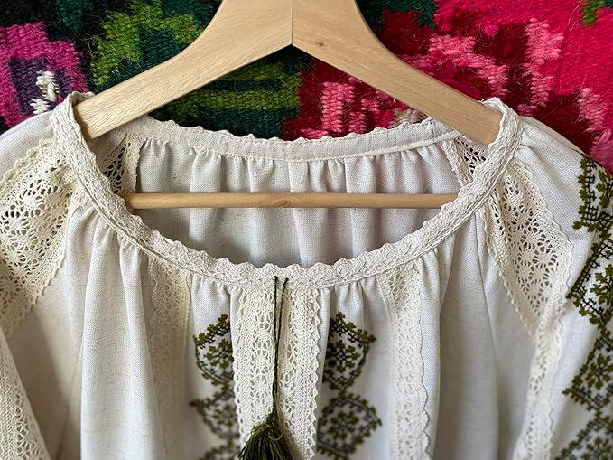 Handcrafted Linen Cotton Top, Olive Green Embroidery, Boho Peasant Tunic, Artisan Made Shirt, Slow Fashion, Spring Festival Outfit, Mom Gift