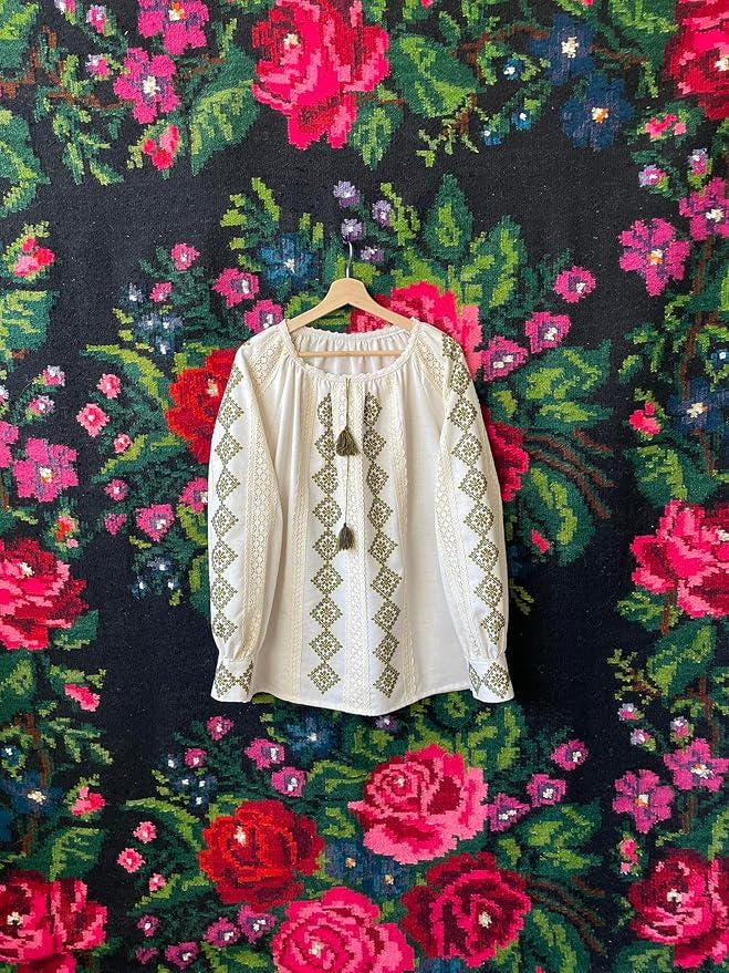 Handcrafted Linen Cotton Top, Olive Green Embroidery, Boho Peasant Tunic, Artisan Made Shirt, Slow Fashion, Spring Festival Outfit, Mom Gift