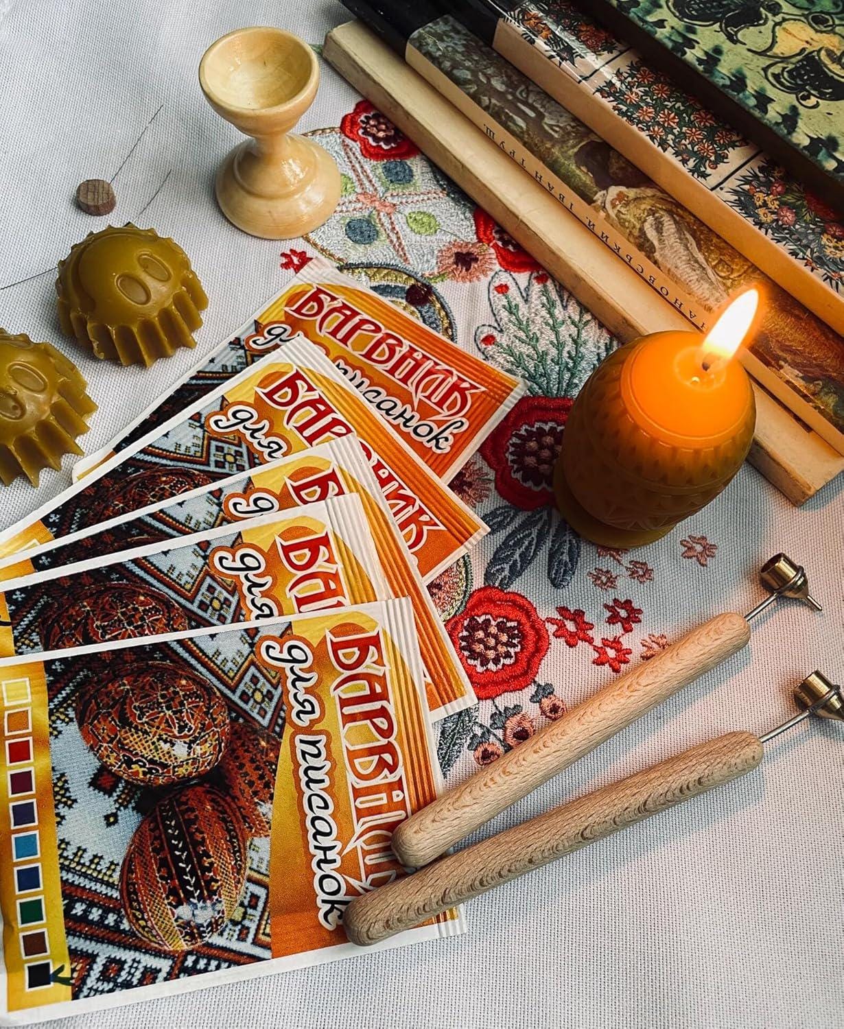 Ukrainian Pysanka Kit, Easter Egg Decorating Set, 2 Kistka Pens, Beeswax, 5 Dyes, DIY Craft Box, Beginner Friendly, Traditional Folk Art