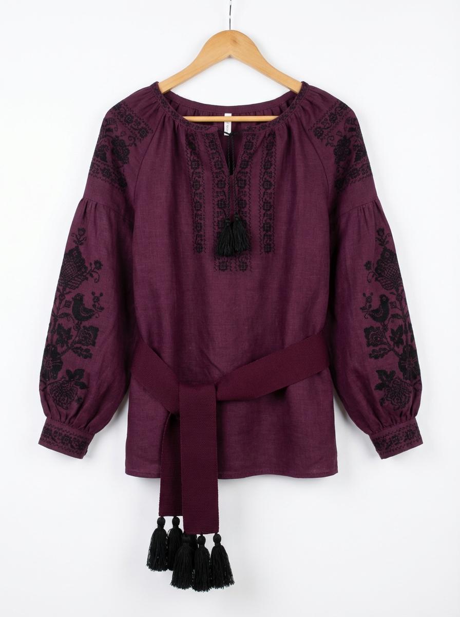 Burgundy Vyshyvanka Blouse – Black Embroidery Ukrainian Boho Ethno Folk Shirt