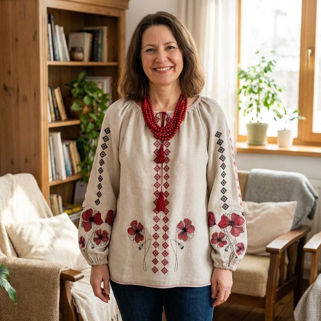 Boho Ethno Vyshyvanka – Gray Blouse with Red Poppies and Traditional Patterns