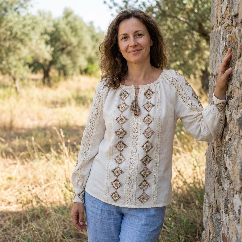 Hand Embroidered Linen Blouse, Beige Geometric Vyshyvanka, Openwork Merezhka Top, Ukrainian Folk Clothing, Custom Size, Gift for Her