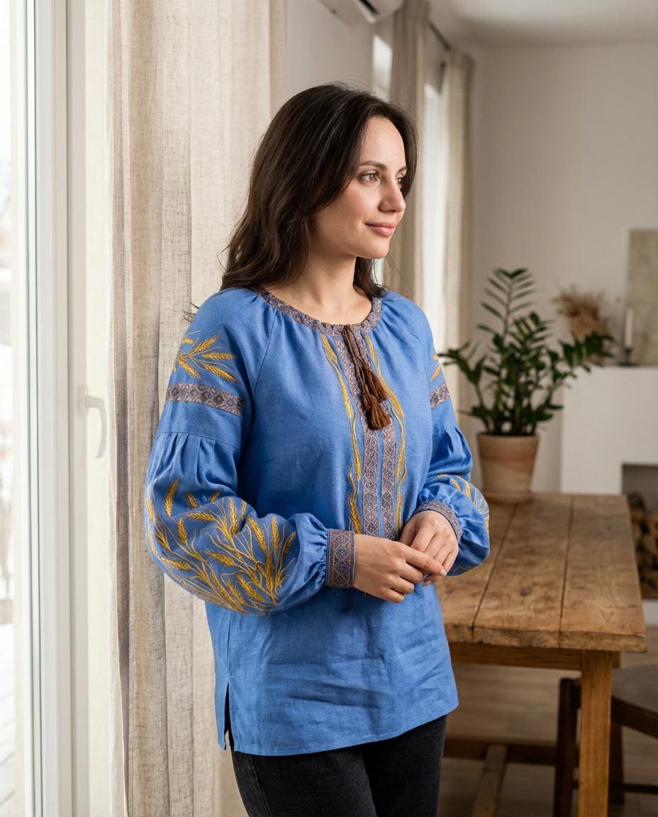 Blue Linen Viscose Blouse, Golden Wheat Embroidery, Ukrainian Vyshyvanka, Boho Peasant Top, Custom Fit Shirt