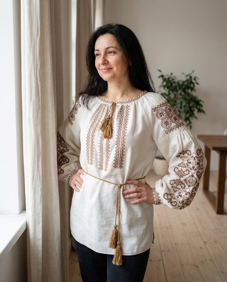 Handcrafted Peasant Top, Beige and Brown Shirt, Ukrainian Clothing, Modern Folk Blouse, Zero Waste Gift, Matching Family Look, Artisan