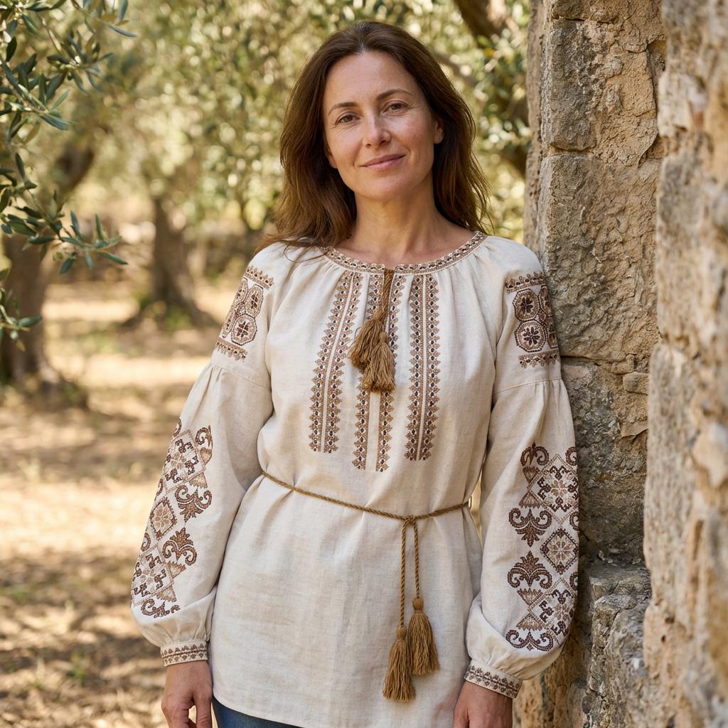 Handcrafted Peasant Top, Beige and Brown Shirt, Ukrainian Clothing, Modern Folk Blouse, Zero Waste Gift, Matching Family Look, Artisan