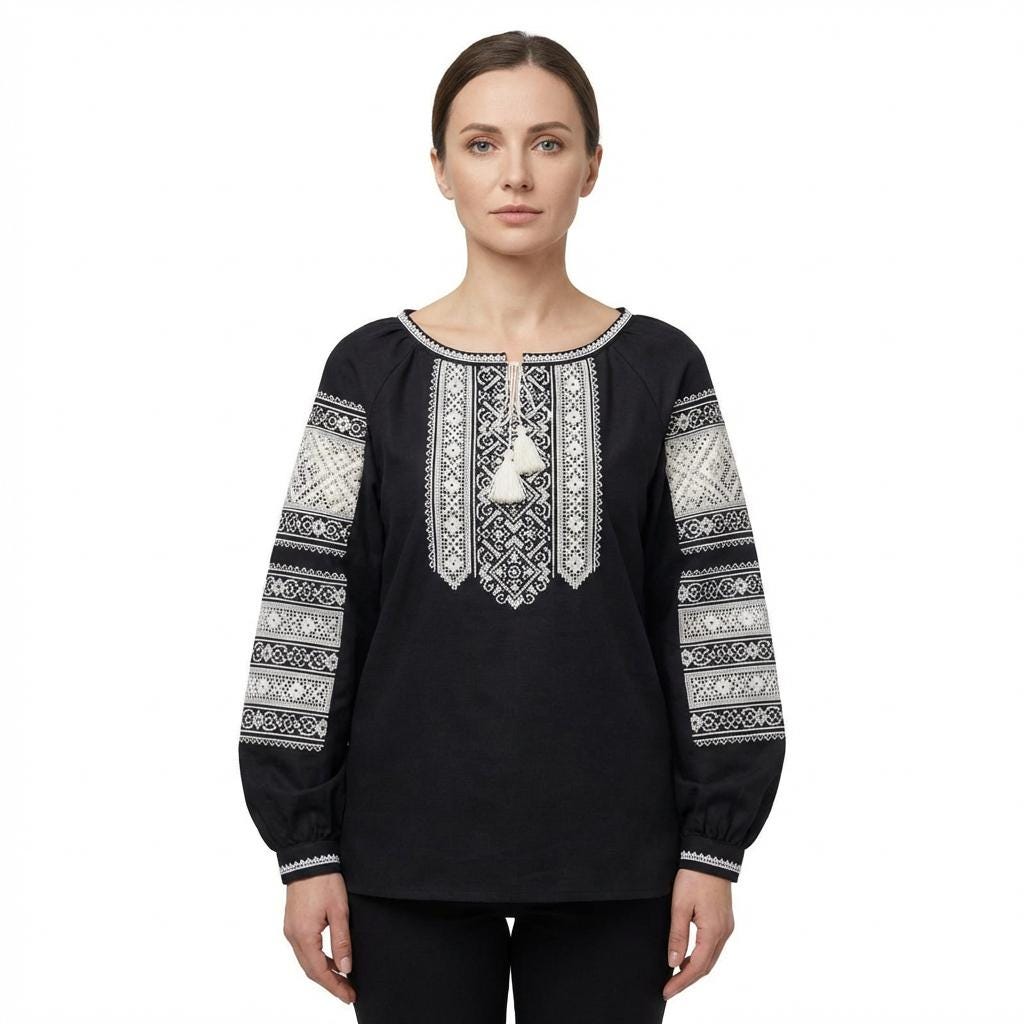 Black Ukrainian Vyshyvanka Blouse with Ivory Lace Embroidery | Ethnic Boho Folk Shirt | Handmade Artisan Top