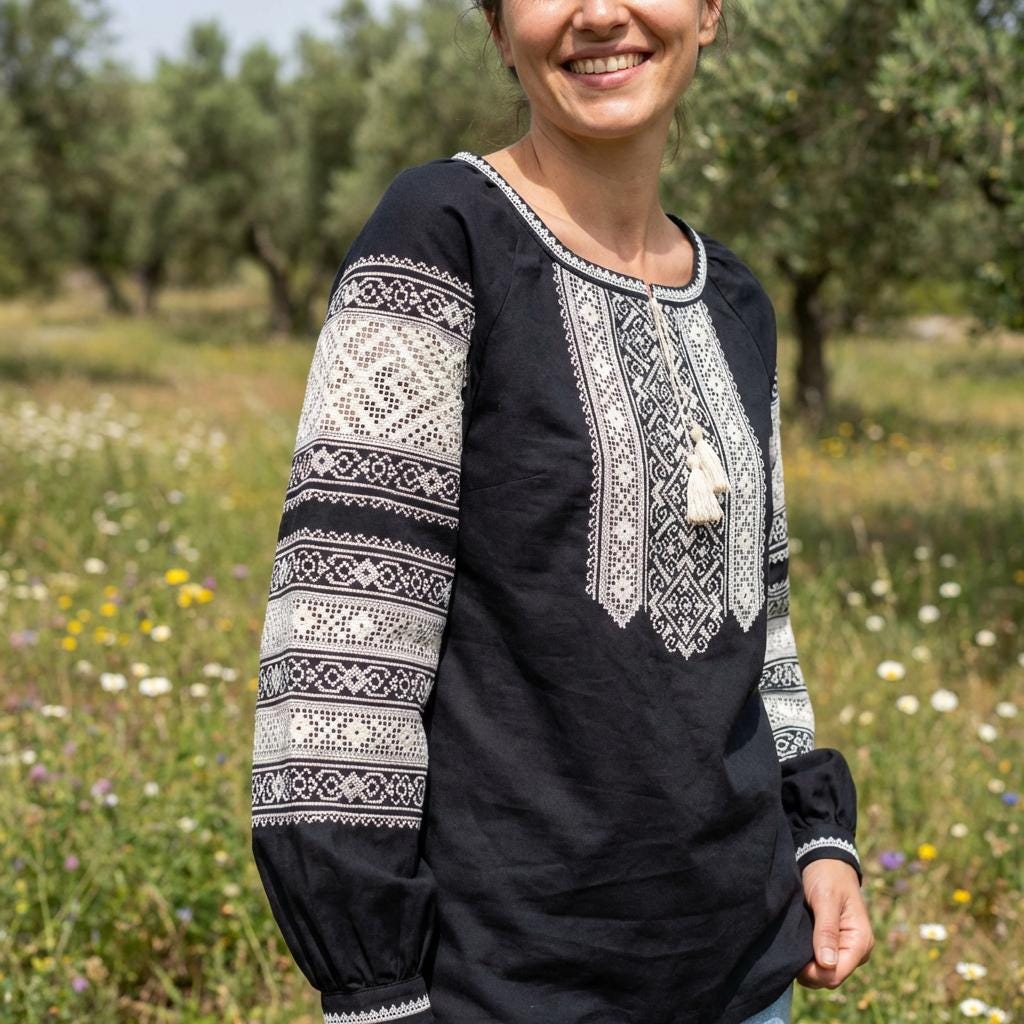 Black Ukrainian Vyshyvanka Blouse with Ivory Lace Embroidery | Ethnic Boho Folk Shirt | Handmade Artisan Top