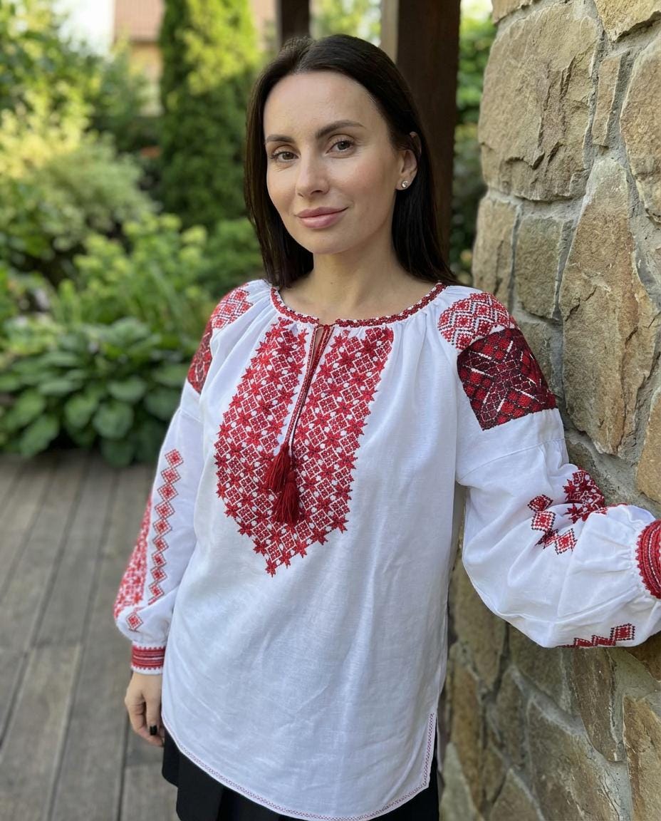Traditional Vyshyvanka, Red Cross Stitch Top, White Boho Tunic, Custom Size Shirt, Artisan Made, Handcrafted Gift for Her, Wife, Mom
