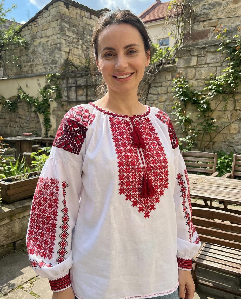 Traditional Vyshyvanka, Red Cross Stitch Top, White Boho Tunic, Custom Size Shirt, Artisan Made, Handcrafted Gift for Her, Wife, Mom