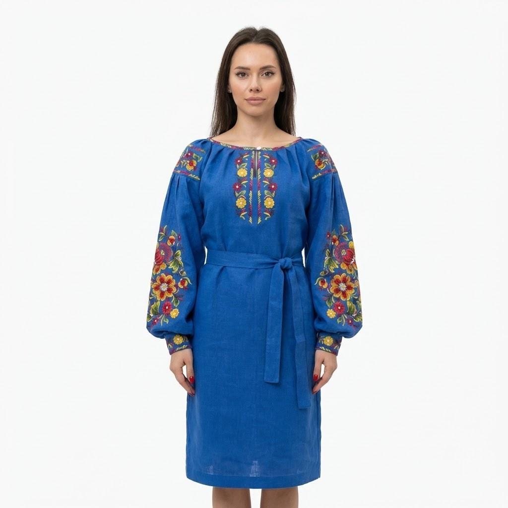 Blue Linen Midi Dress, Belted Boho Gown, Petrykivka Floral Embroidery, Custom Size Ukrainian Clothing, Summer Garden Party, Artisan Made