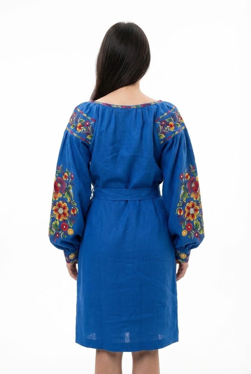 Blue Linen Midi Dress, Belted Boho Gown, Petrykivka Floral Embroidery, Custom Size Ukrainian Clothing, Summer Garden Party, Artisan Made