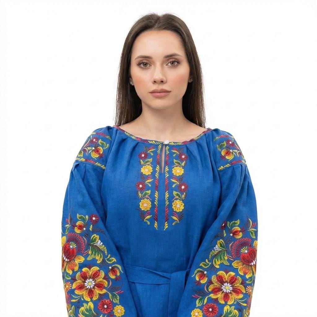 Blue Linen Midi Dress, Belted Boho Gown, Petrykivka Floral Embroidery, Custom Size Ukrainian Clothing, Summer Garden Party, Artisan Made