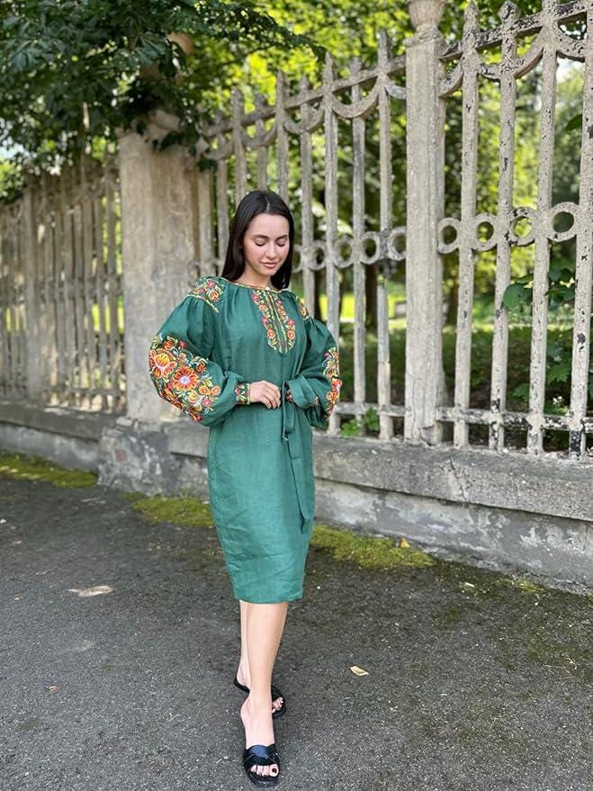 Emerald Green Linen Dress, Marigold Embroidery, Boho Midi Gown, Belted Shift Dress, Custom Size Ukrainian Clothing, Forest Wedding Guest
