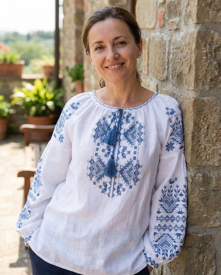 Blue Embroidered Top, 100% Linen Boho Shirt, Belted Tunic, Folk Peasant Blouse, Custom Fit, Matching Couple Set