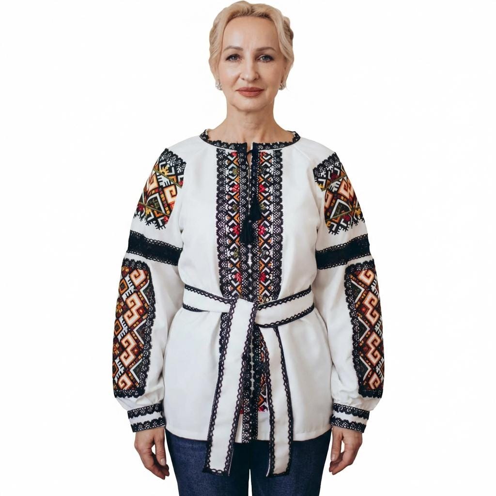Ukrainian Easter Blouse, Lace Trim Boho Top, Geometric Embroidery, Wrinkle Free Crepe, Custom Size Folk Shirt, Modern Vyshyvanka, Mom Gift