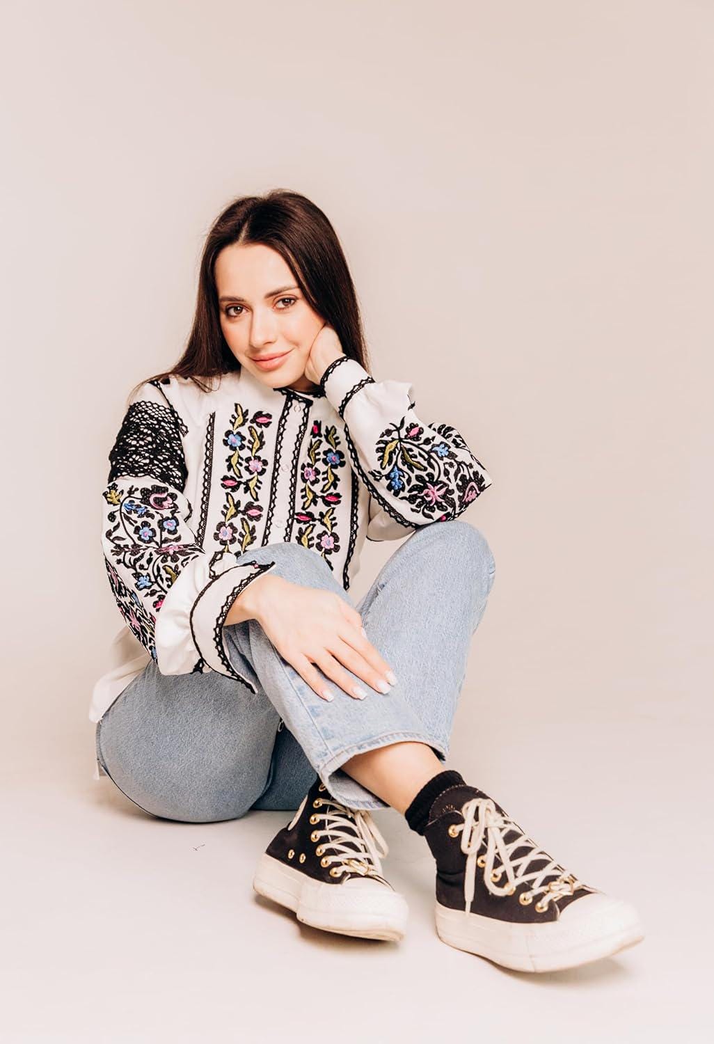 White Crepe Blouse, Lace Trim Floral Shirt, Wrinkle Free Boho Top, Ukrainian Vyshyvanka, Custom Size, Modern Folk Clothing