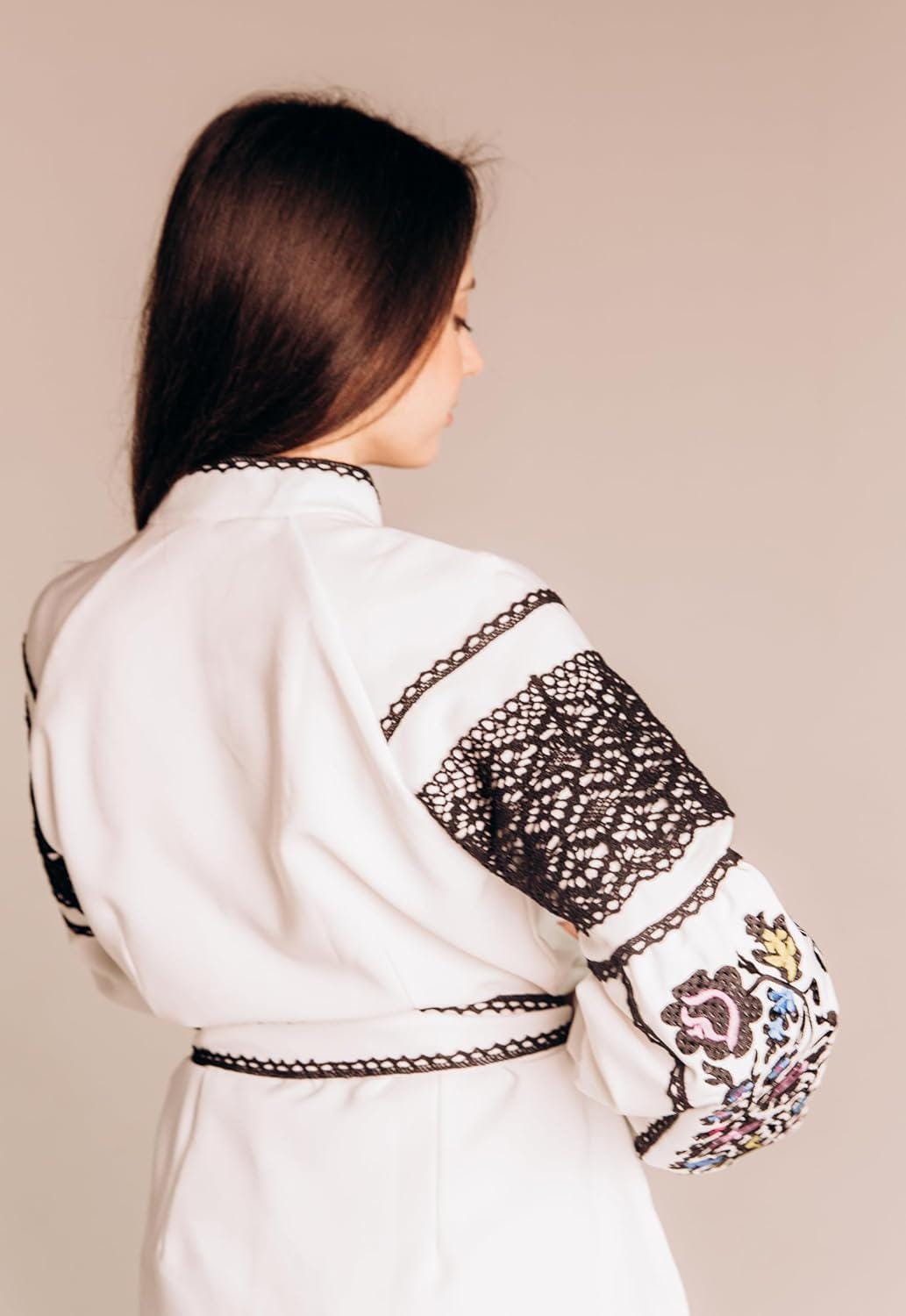 White Crepe Blouse, Lace Trim Floral Shirt, Wrinkle Free Boho Top, Ukrainian Vyshyvanka, Custom Size, Modern Folk Clothing