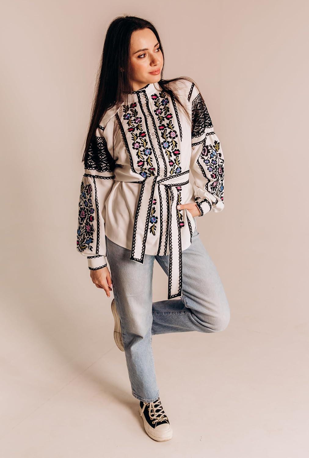 White Crepe Blouse, Lace Trim Floral Shirt, Wrinkle Free Boho Top, Ukrainian Vyshyvanka, Custom Size, Modern Folk Clothing