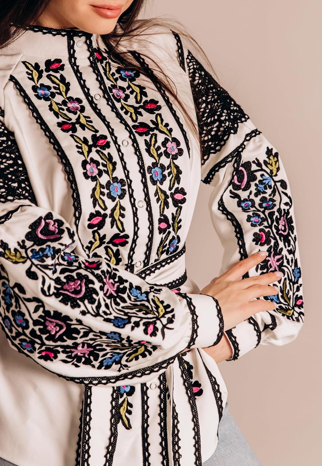 White Crepe Blouse, Lace Trim Floral Shirt, Wrinkle Free Boho Top, Ukrainian Vyshyvanka, Custom Size, Modern Folk Clothing