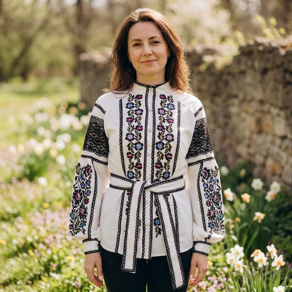 White Crepe Blouse, Lace Trim Floral Shirt, Wrinkle Free Boho Top, Ukrainian Vyshyvanka, Custom Size, Modern Folk Clothing