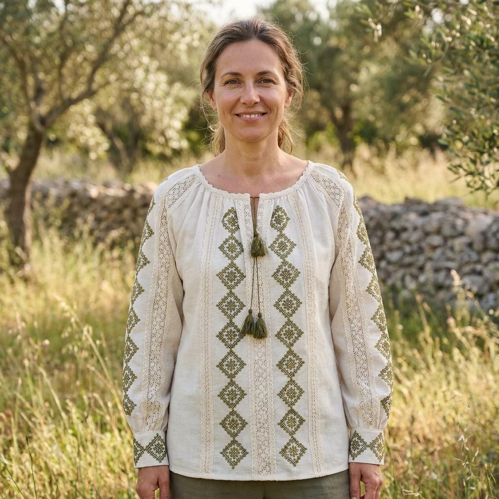 Handcrafted Linen Cotton Top, Olive Green Embroidery, Boho Peasant Tunic, Artisan Made Shirt, Slow Fashion, Spring Festival Outfit, Mom Gift