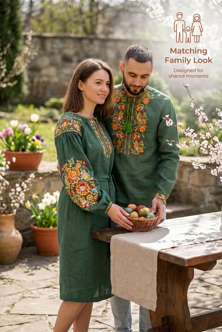 Emerald Green Linen Dress, Marigold Embroidery, Boho Midi Gown, Belted Shift Dress, Custom Size Ukrainian Clothing, Forest Wedding Guest