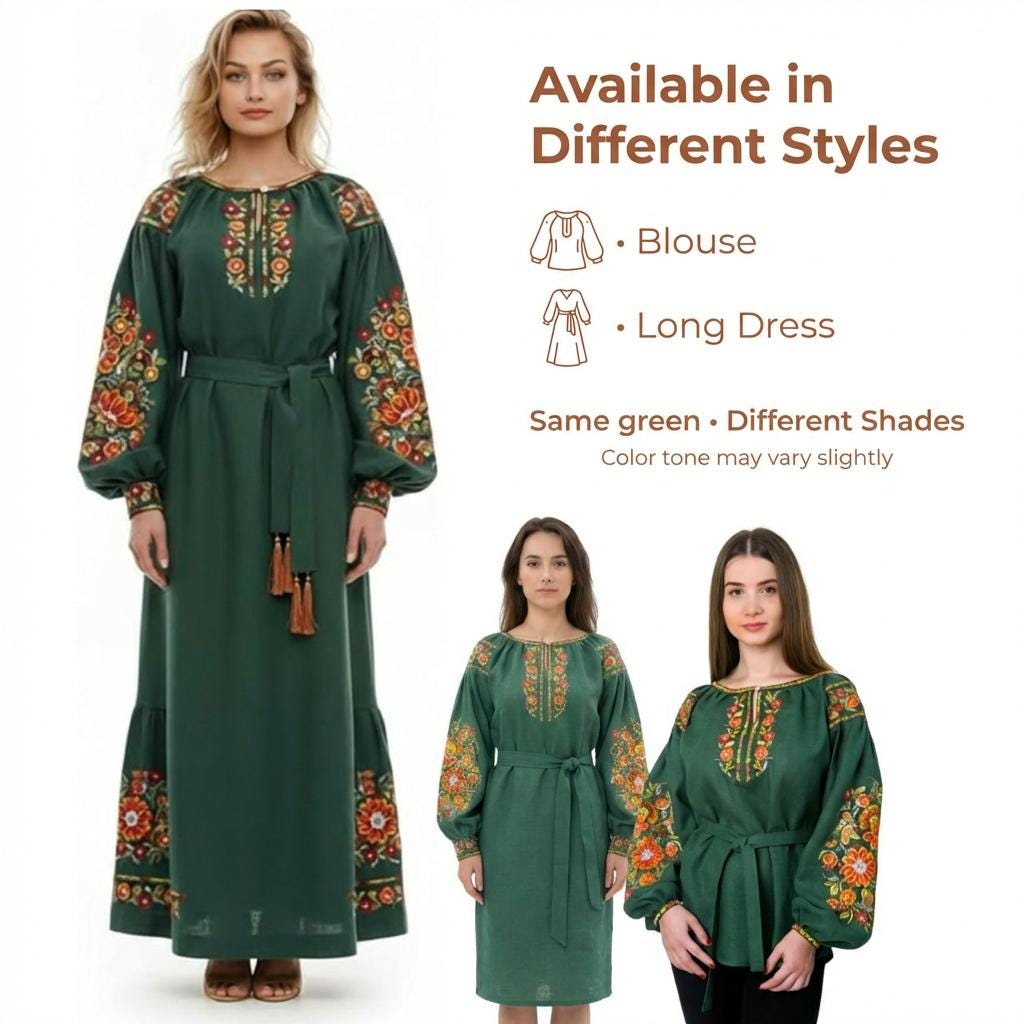 Emerald Green Linen Dress, Marigold Embroidery, Boho Midi Gown, Belted Shift Dress, Custom Size Ukrainian Clothing, Forest Wedding Guest