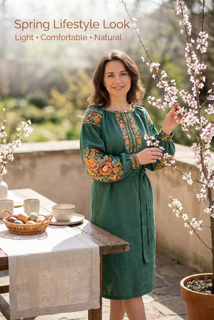 Emerald Green Linen Dress, Marigold Embroidery, Boho Midi Gown, Belted Shift Dress, Custom Size Ukrainian Clothing, Forest Wedding Guest