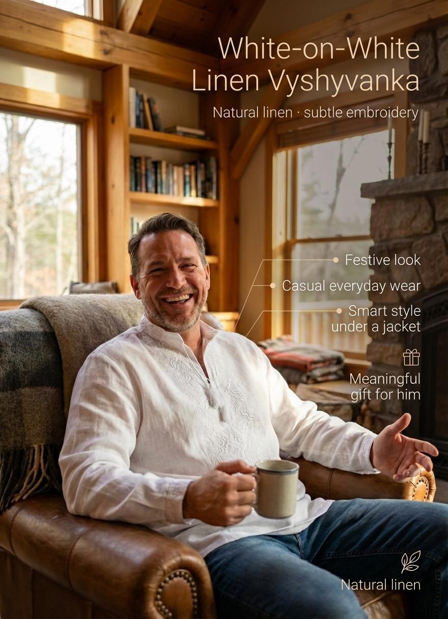 White on White Linen Shirt Men, Tone on Tone Embroidery, Groom Wedding Outfit, Custom Size Tunic, Minimalist Boho Top, Big and Tall Friendly