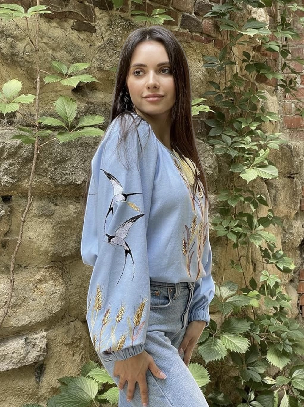 Custom Blue Linen Vyshyvanka – Bohemian Embroidered Blouse with Swallows and Wheat